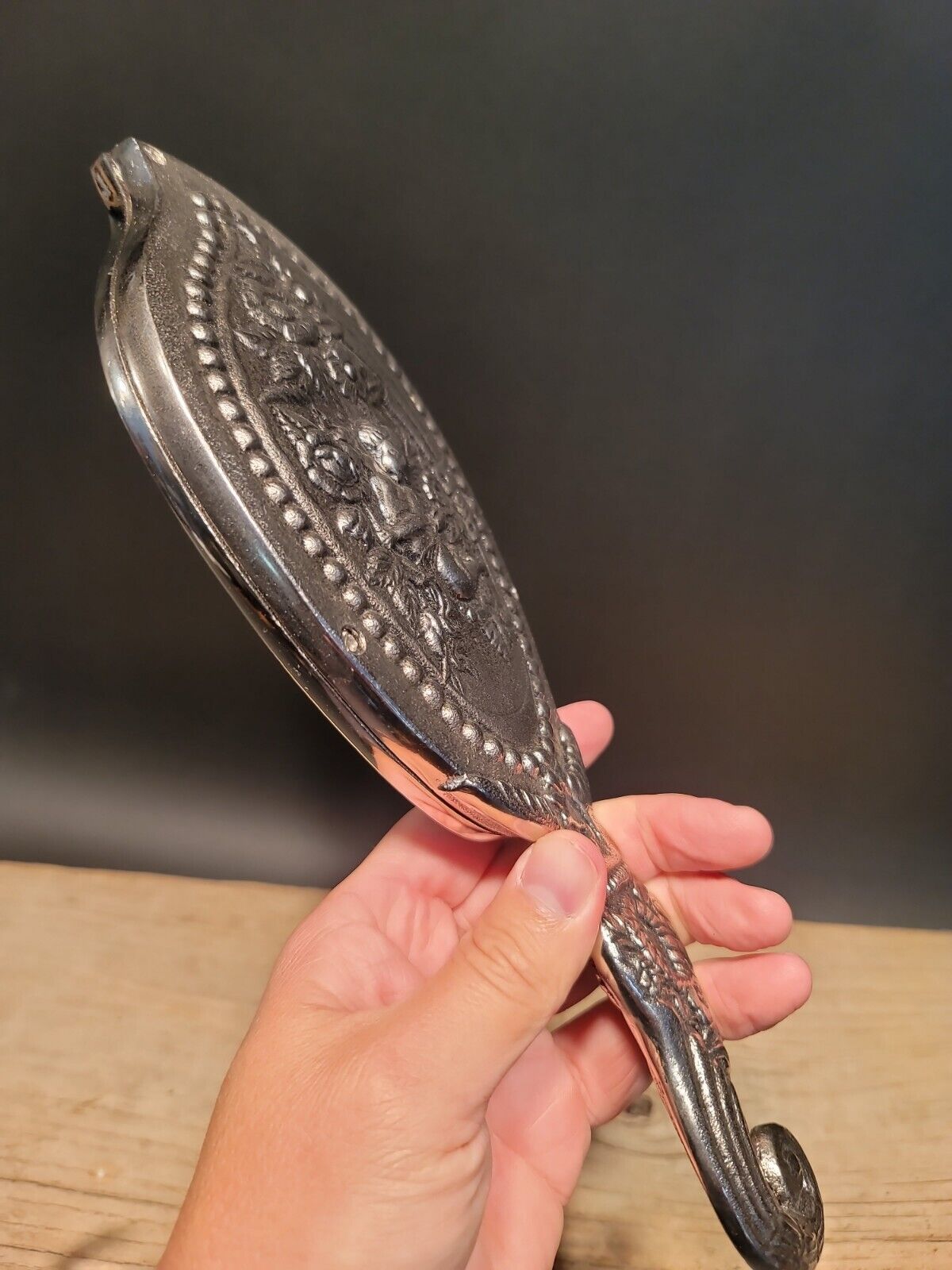 Antique Vintage Style Silver Cherub Floral Hand Mirror