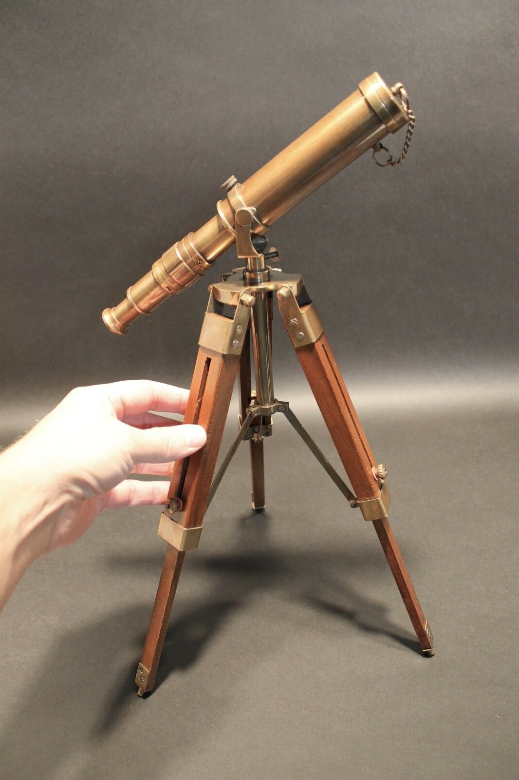 Vintage Antique Style Solid Brass Telescope & Wood Tripod - Early Home Decor