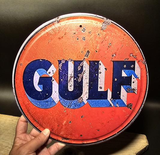 12" Vintage Style Metal Round Gulf Gas Oil Sign