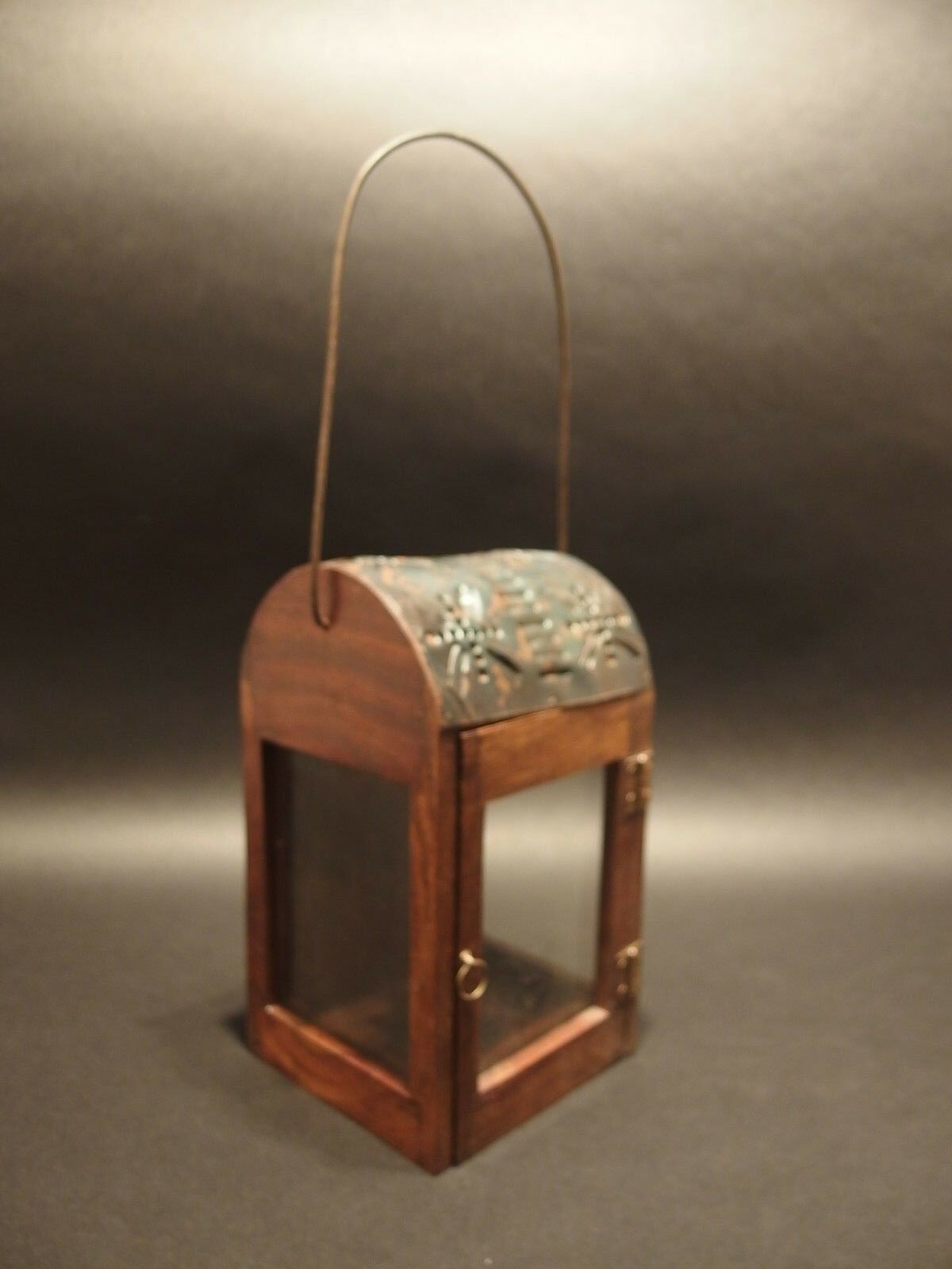 Antique Style Wood Punched Tin Glass Lantern Lamp Candle Holder - Early Home Decor