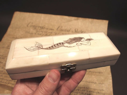Antique Style Mermaid Scrimshaw Etched Bone & Wood Trinket Stamp Jewelry Box - Early Home Decor