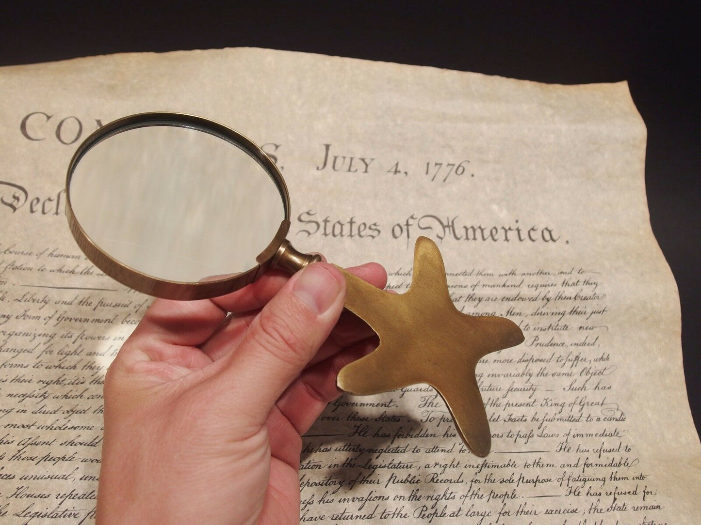Vintage Antique Style Brass Starfish Magnifying Glass Desk Hand Lens - Early Home Decor