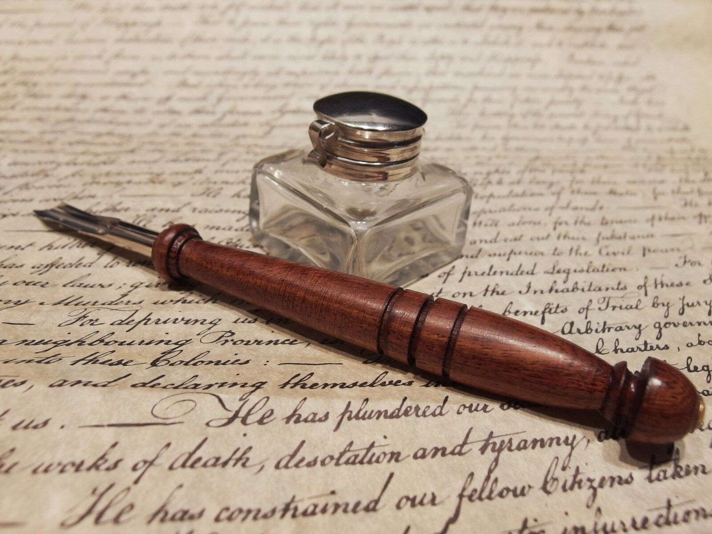 Antique Style Small Square Clear Inkwell Ink Pot with Wood Dip Calligraphy Pen - Early Home Decor