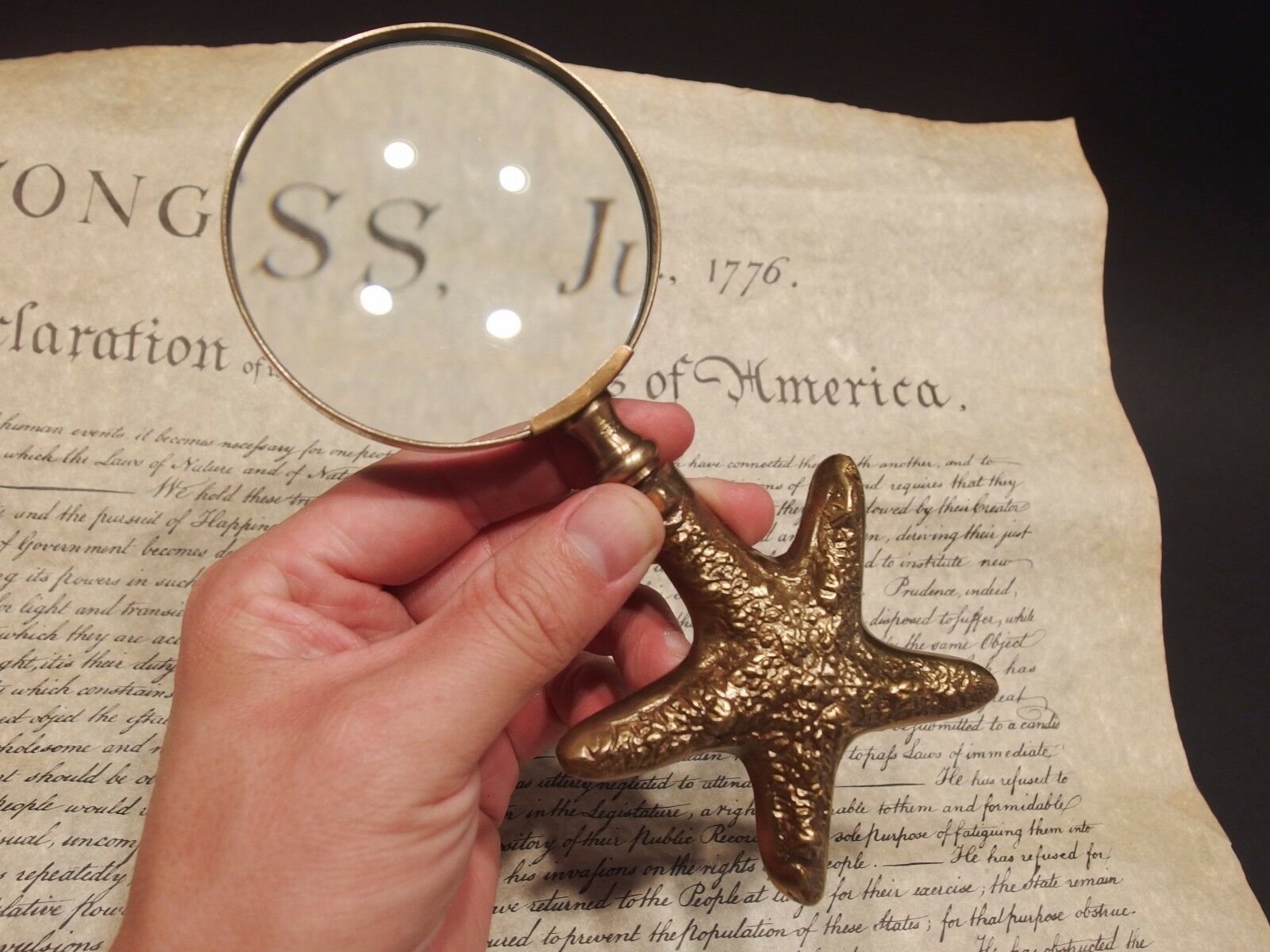 Vintage Antique Style Brass Starfish Magnifying Glass Desk Hand Lens - Early Home Decor