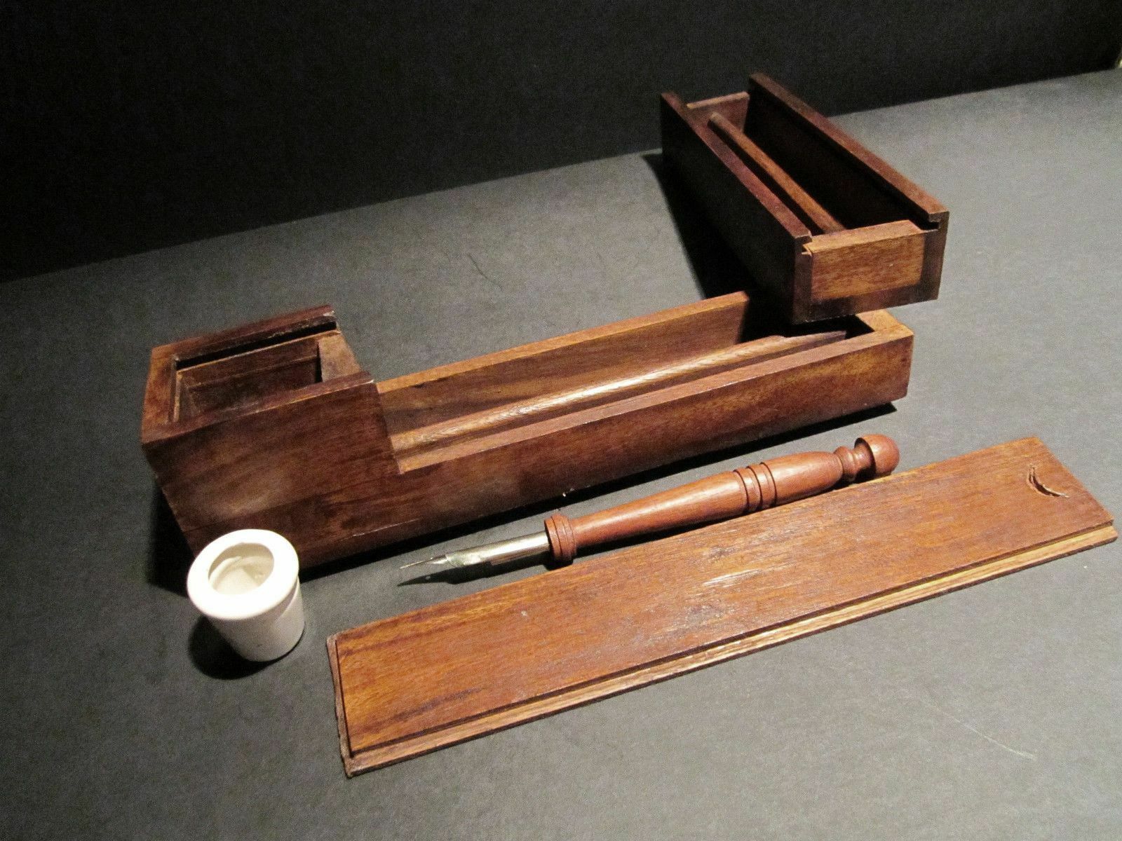 Antique Style Wood Slide Lid Swing Open Writing Box Campaign Inkwell w Dip Pen - Early Home Decor