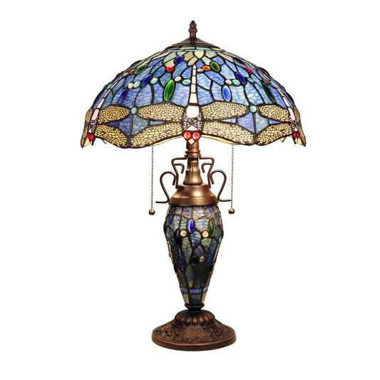 23" Antique Vintage Style Stained Glass Dragonfly Lighted Base Table Lamp