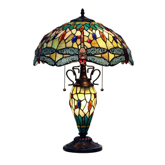 23" Antique Vintage Style Stained Glass Dragonfly Lighted Base Table Lamp