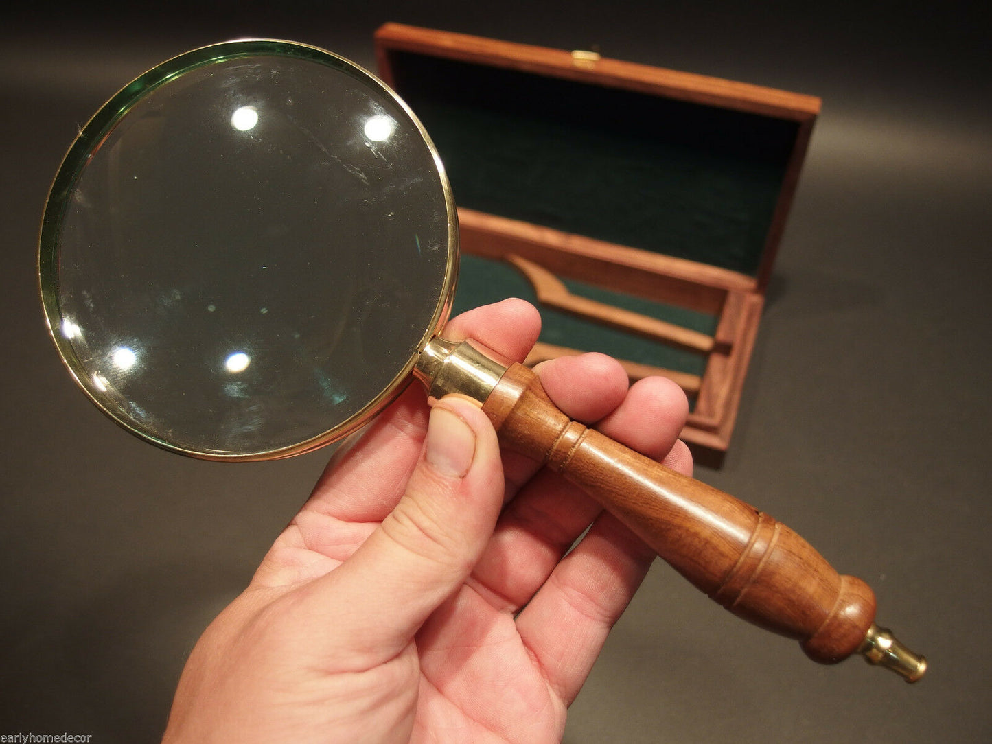 4" 5x Antique Style Magnifying Glass Brass w Wood Turned Hand Lens Desktop Box - Early Home Decor