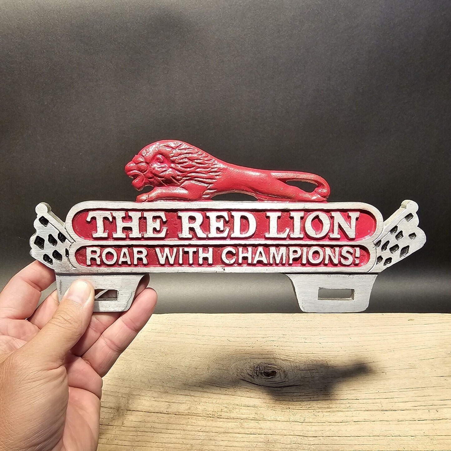 Antique Vintage Style Aluminum Red Lion License Plate Fob Topper