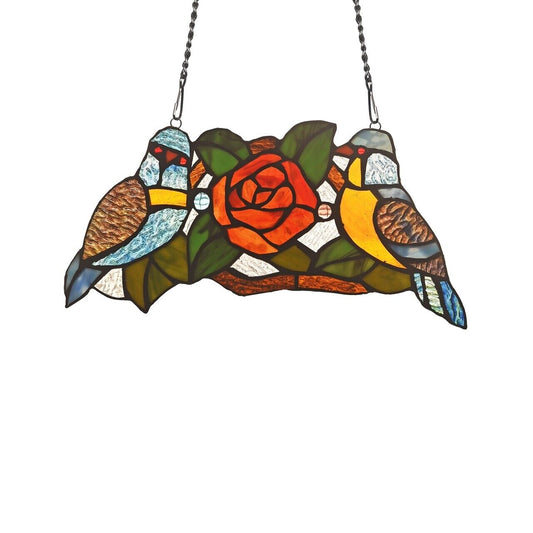 Antique Vintage Style Bird Rose Stained Glass Window Hanging Panel Suncatcher