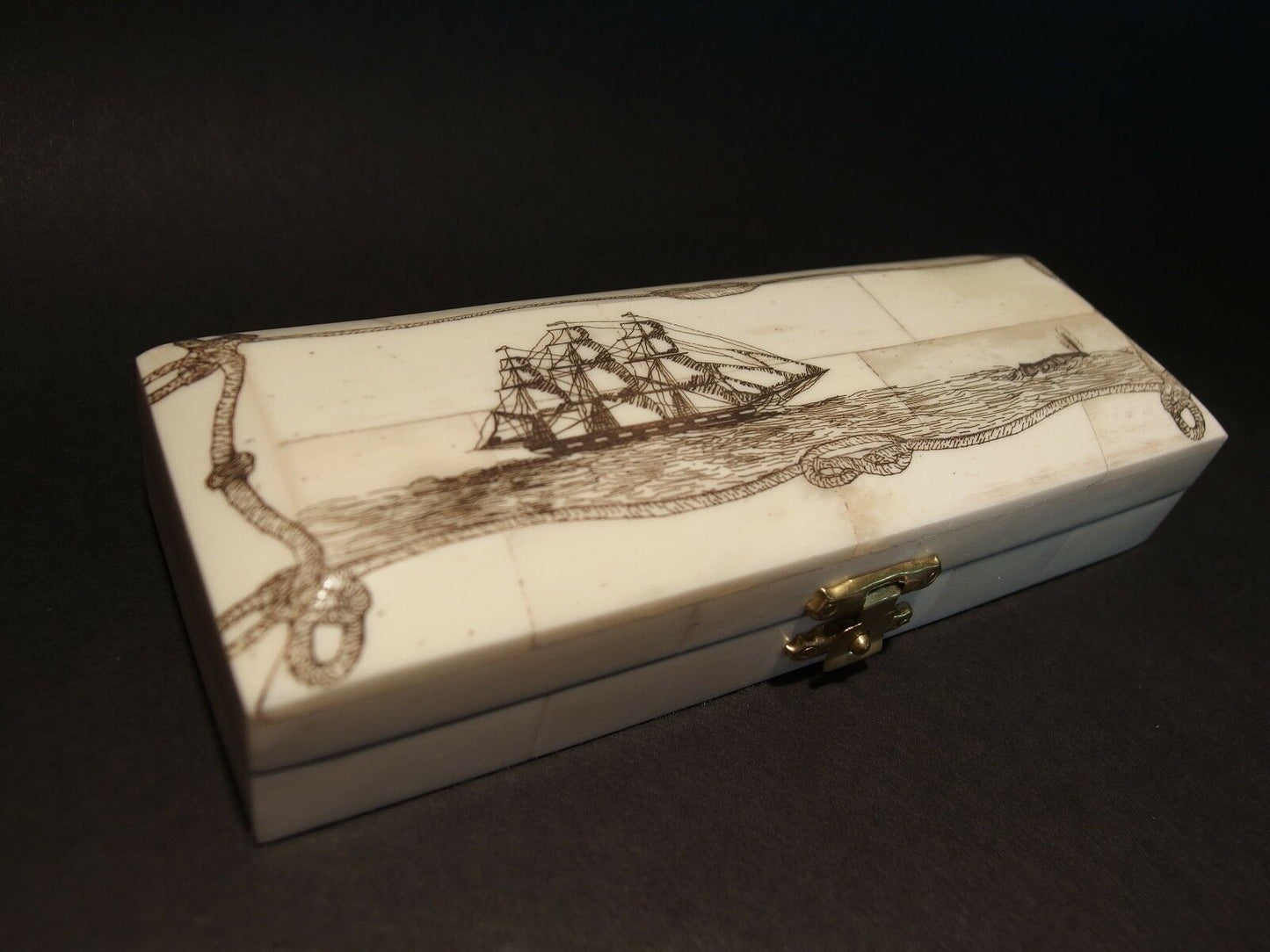 Antique Style Whale Chase Scrimshaw Etched Bone & Wood Trinket Stamp Jewelry Box - Early Home Decor