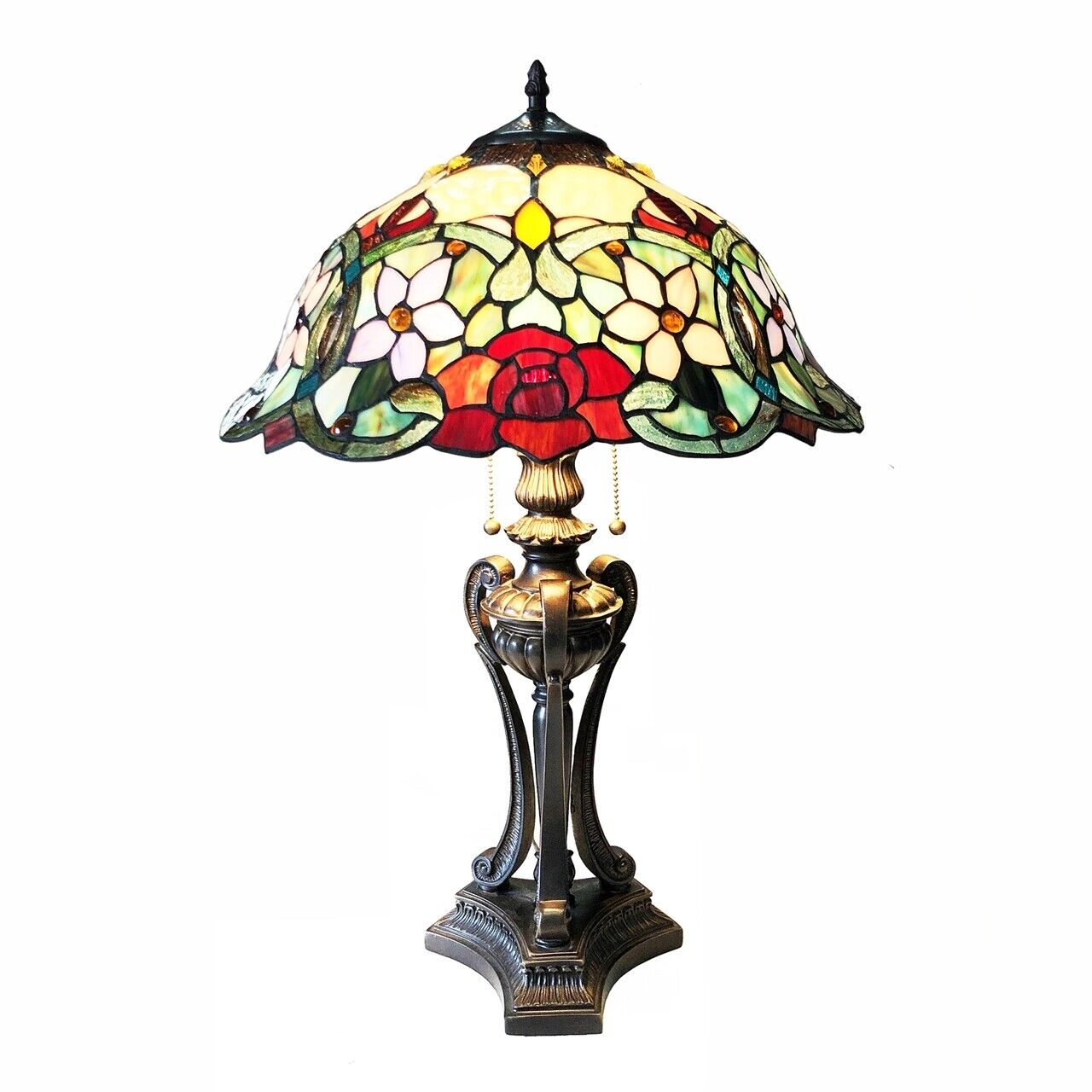 26" Antique Vintage Style Stained Glass Rose Floral Table Lamp