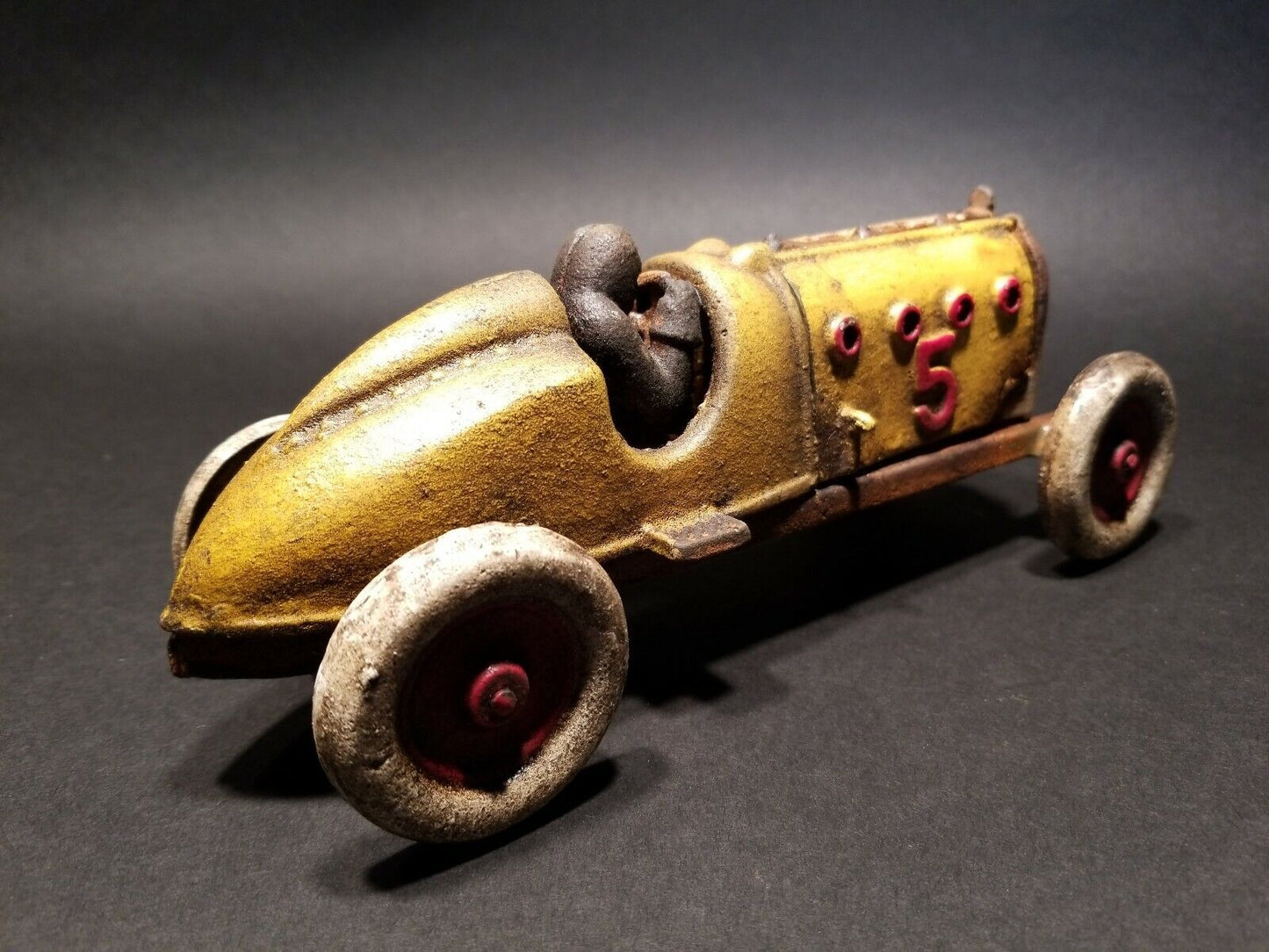 Antique Vintage Style Yellow Cast Iron #5 Toy Race Car w Lifting Hood