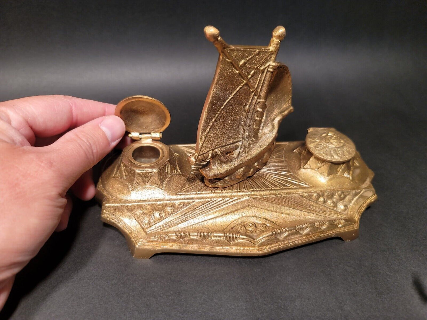 Vintage Antique Style Brass Sailboat Double inkwell Desk Set