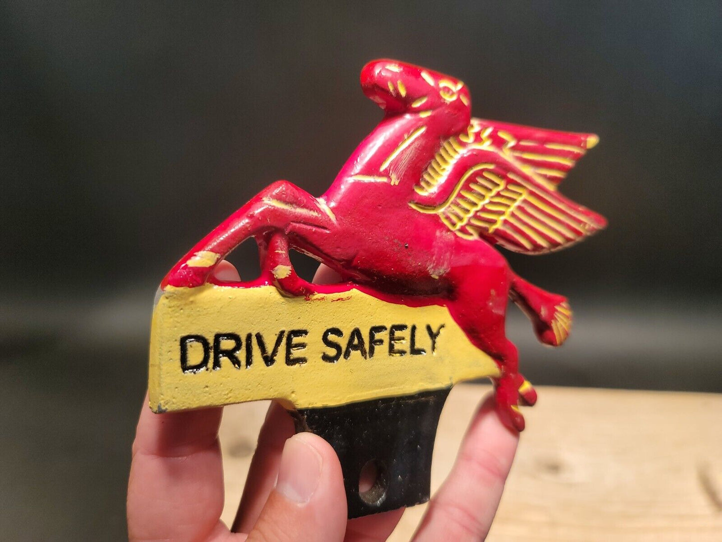 Antique Vintage Style Aluminum Pegasus Drive Safely License Plate Fob Topper