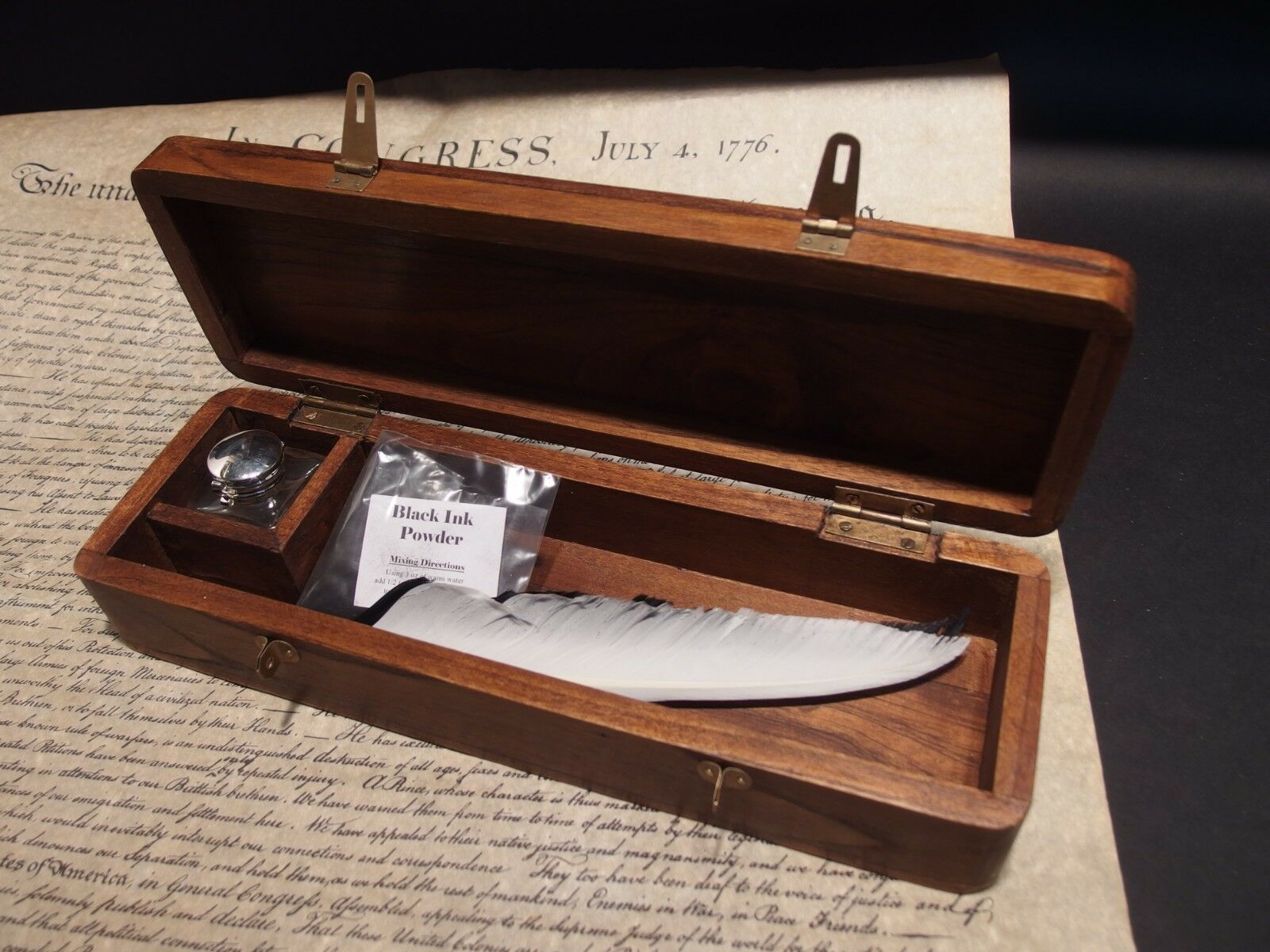 Antique Vintage Style Wood Writing Box Desk Set w Inkwell 2 Feather Dip Pen Ink - Early Home Decor