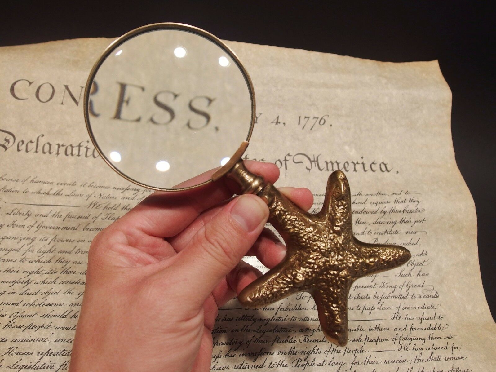 Vintage Antique Style Brass Starfish Magnifying Glass Desk Hand Lens - Early Home Decor