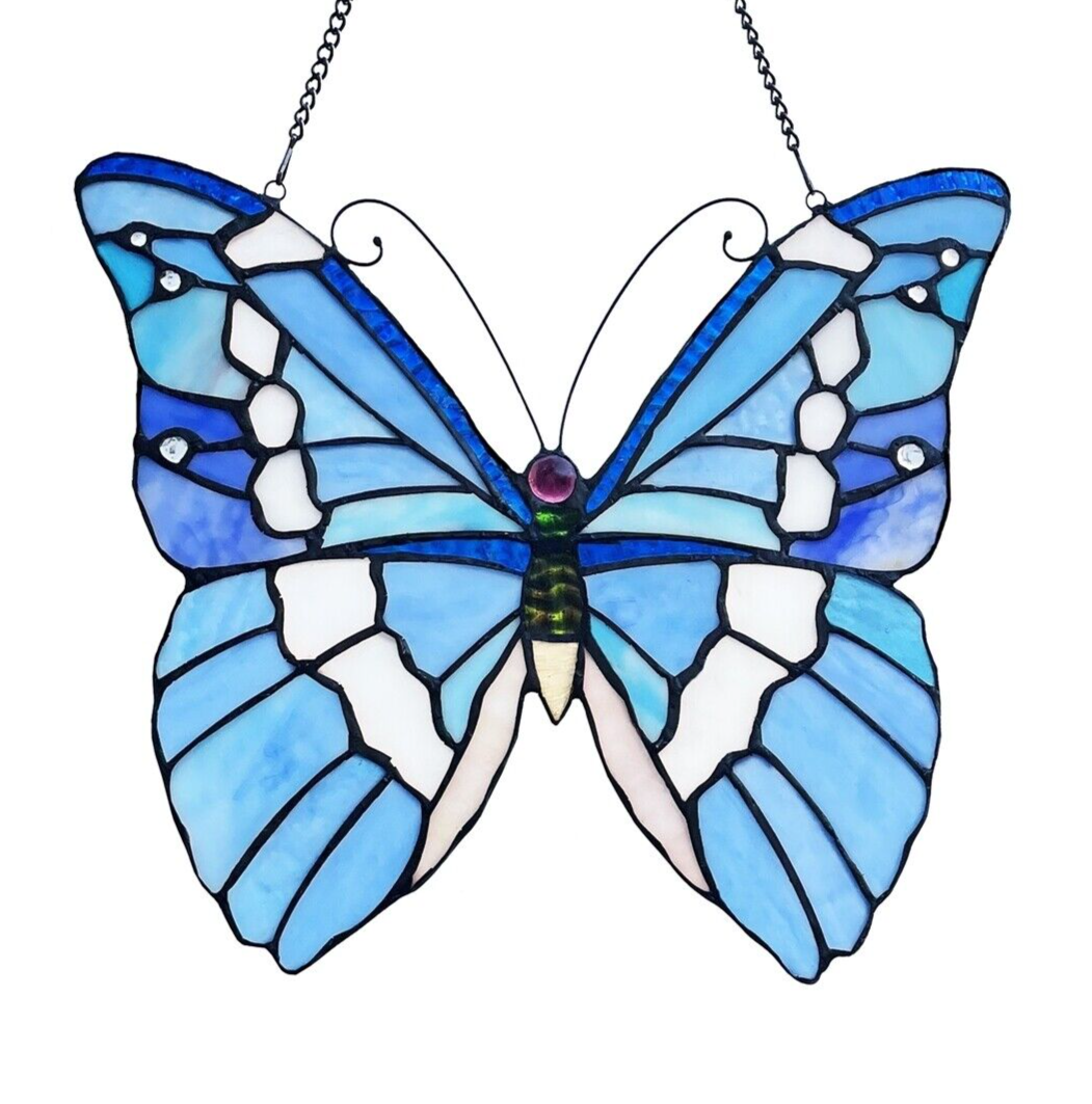 13 1/2" Blue Butterfly Stained Glass Window Hanging Panel Suncatcher