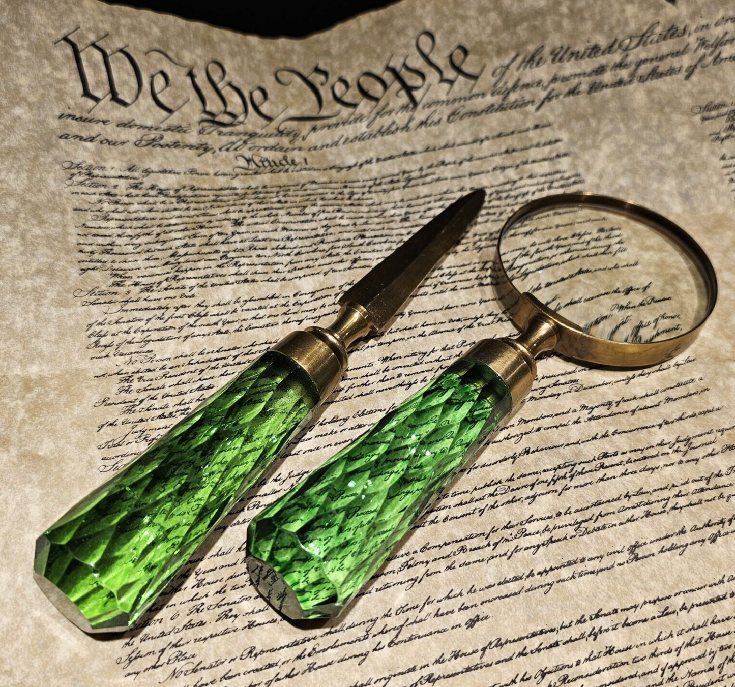 Antique Vintage Style Magnifying Glass Letter Opener Set w Green Glass Handles