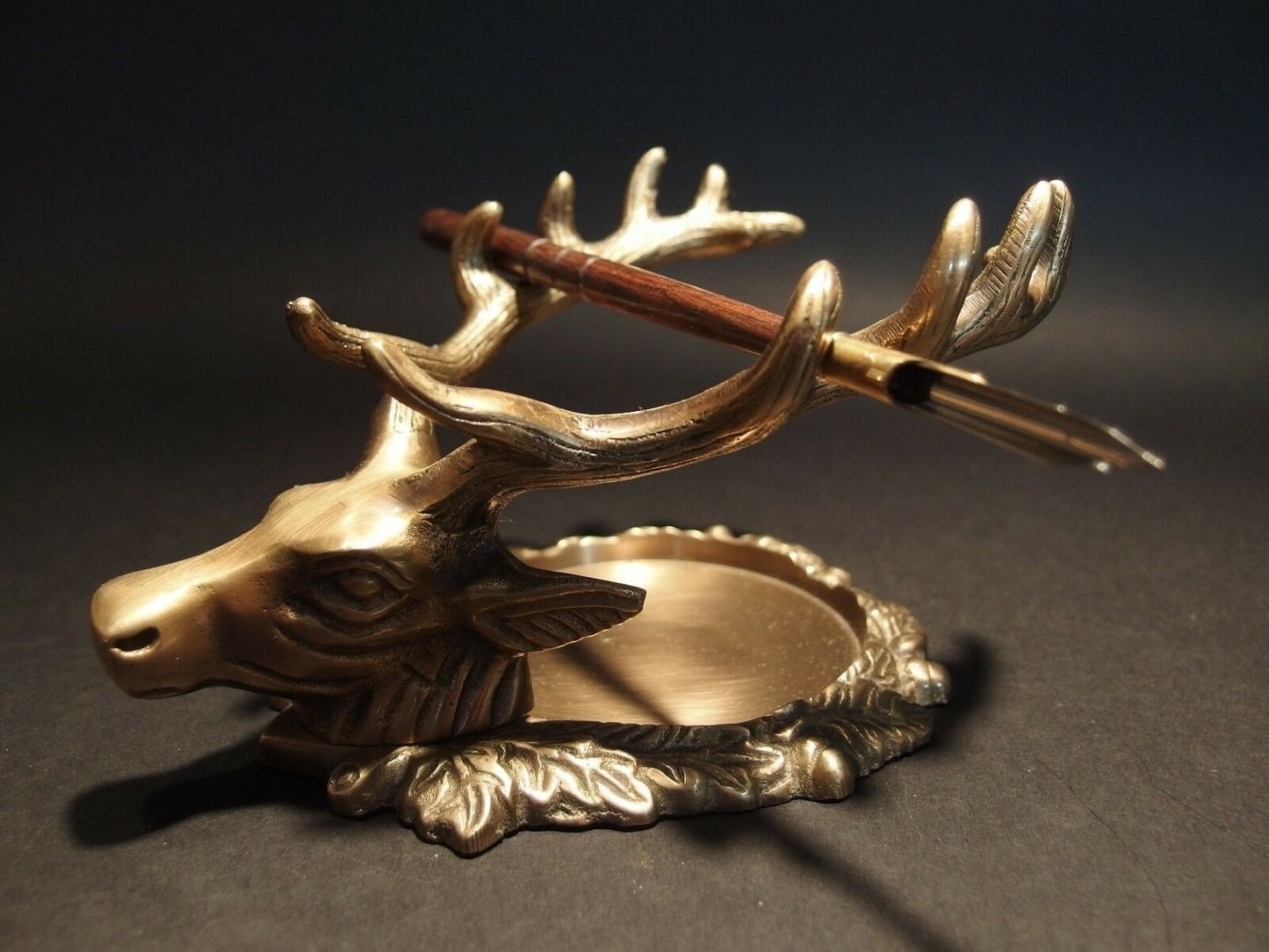 Antique Style Brass Elk Deer Stag Pen Inkwell Holder Desk Stand - Early Home Decor