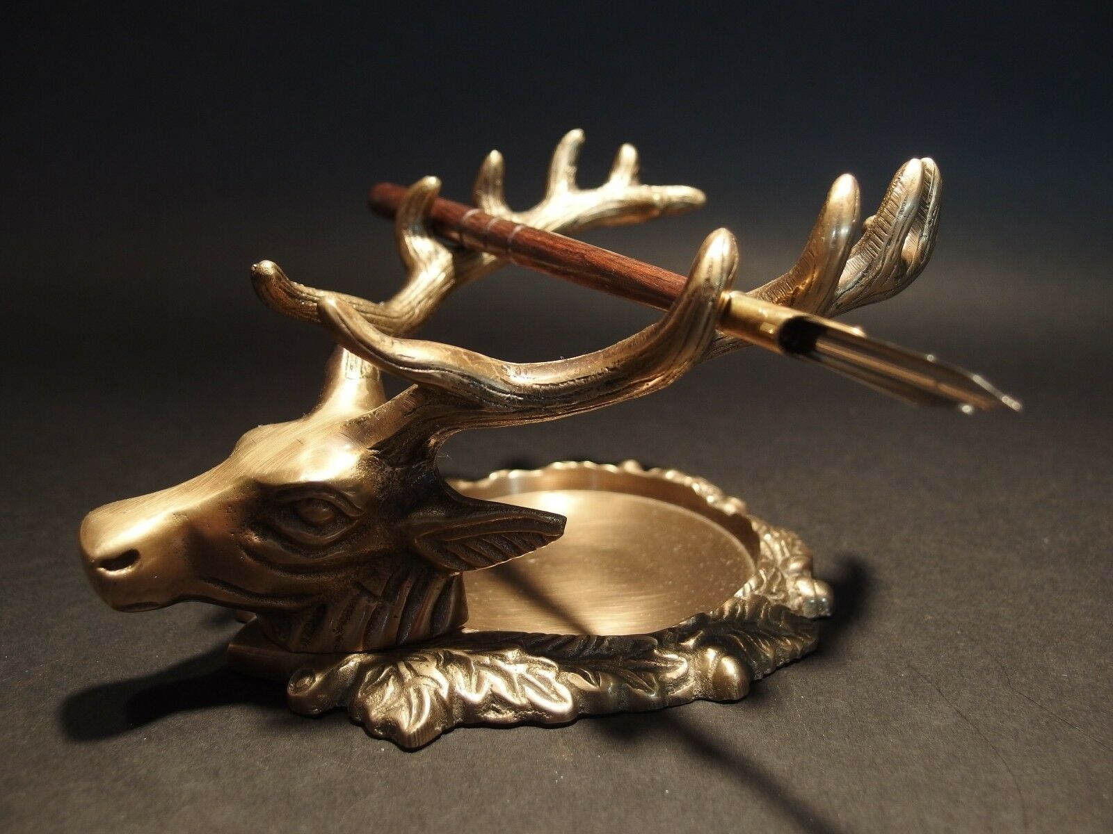 Antique Style Brass Elk Deer Stag Pen Inkwell Holder Desk Stand - Early Home Decor
