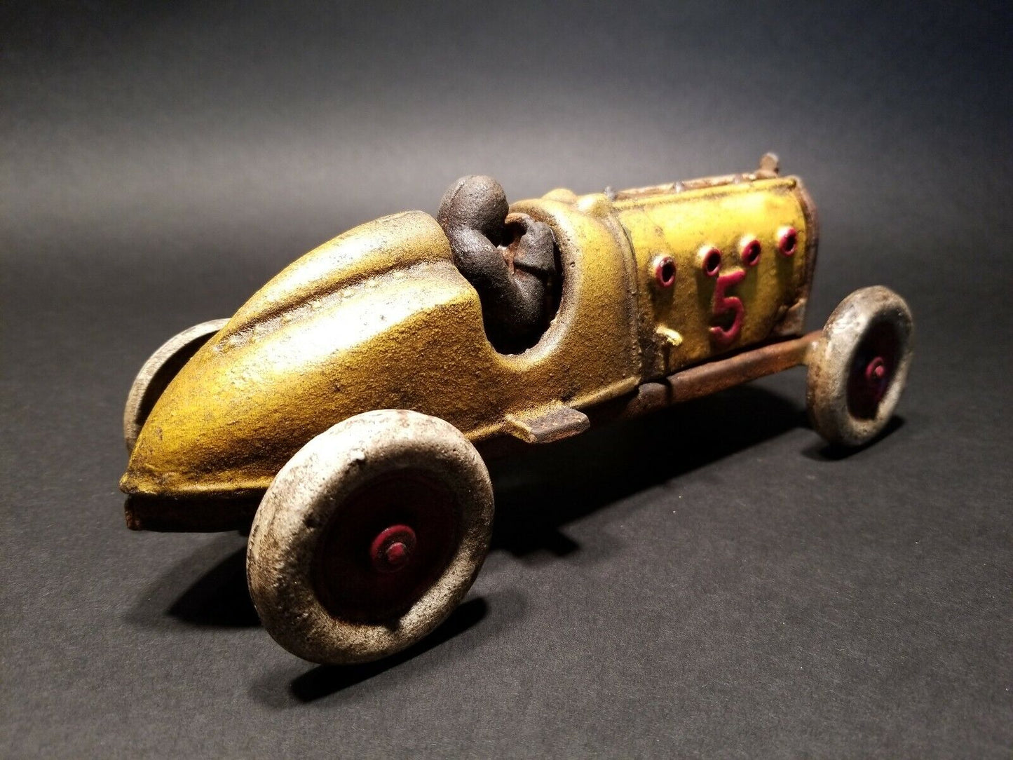 Antique Vintage Style Yellow Cast Iron #5 Toy Race Car w Lifting Hood