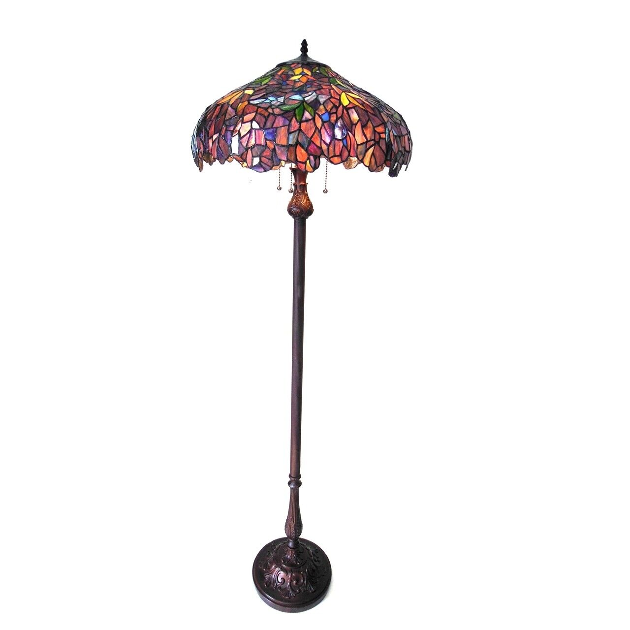 64" Antique Style Wisteria Stained Glass Pull Chain Floor Lamp