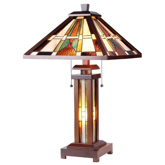 25.6  3 light Stained Glass Wood Mission Table Lamp