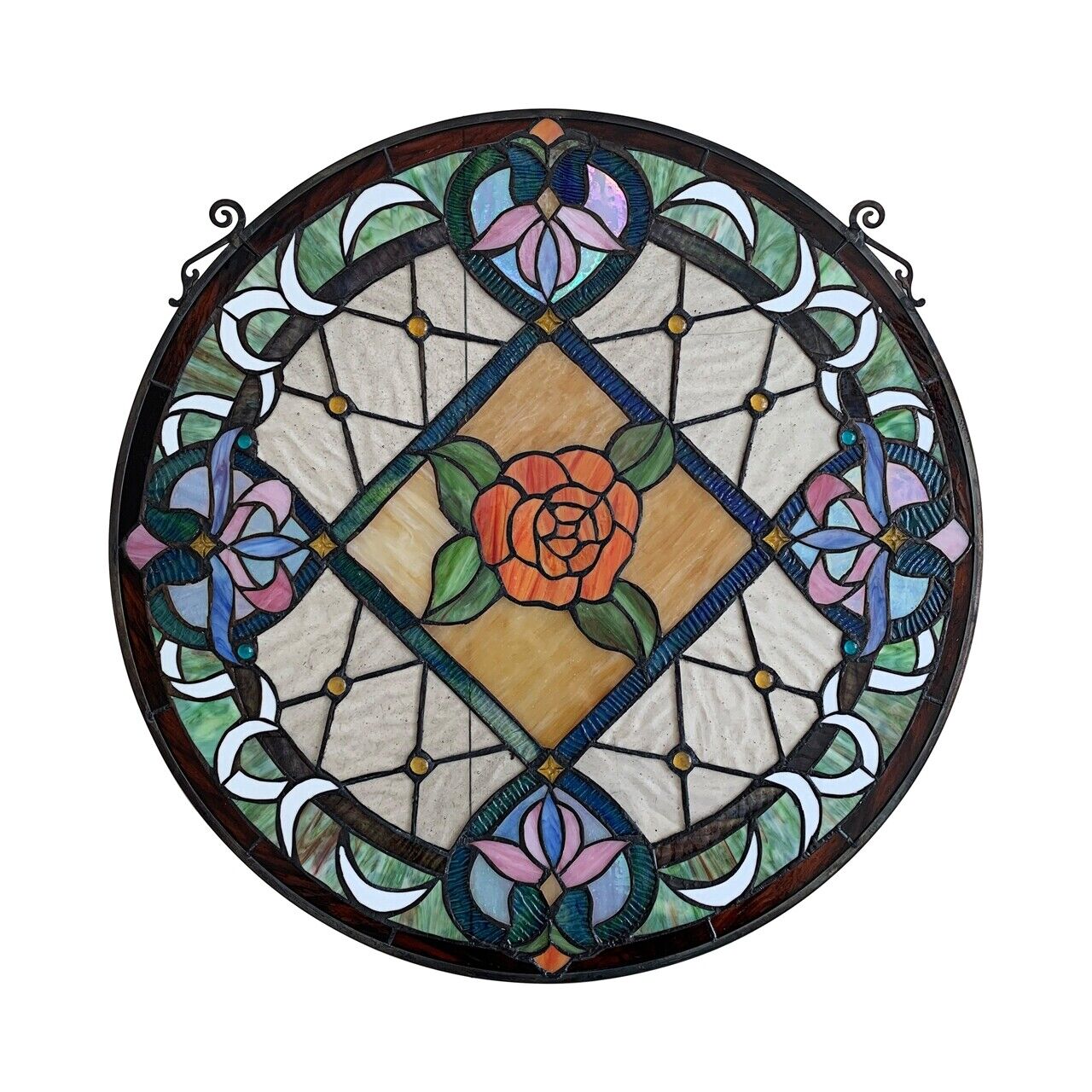 Antique Vintage Style 23" Round Stained Glass Window Hanging Panel Suncatcher