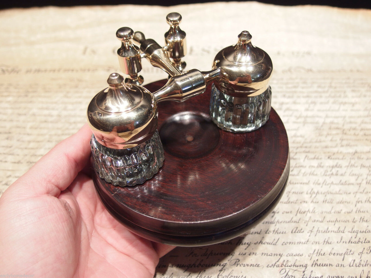 Vintage Antique Style Gold Brass Hardwood w 2 Clear Glass Inkwell bottles pots - Early Home Decor