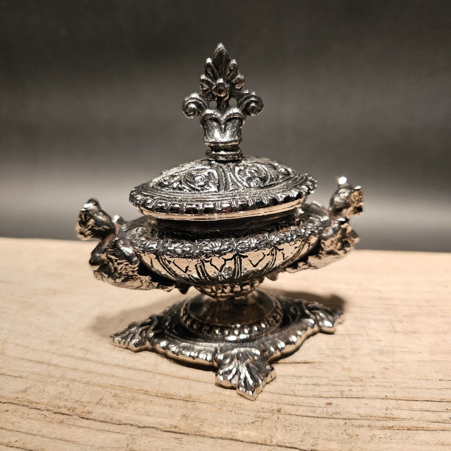 Antique Style Ornate Nickel Plated Brass Inkwell Desk Stand