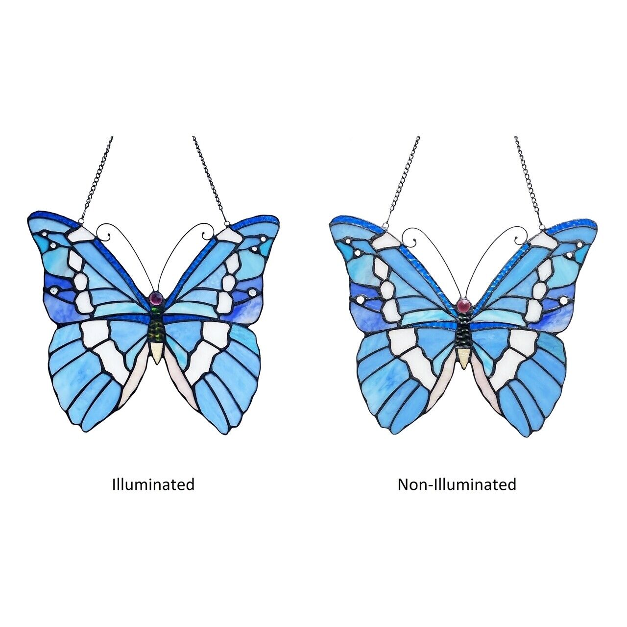 13 1/2" Blue Butterfly Stained Glass Window Hanging Panel Suncatcher