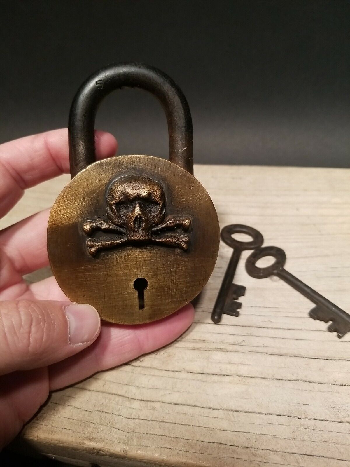 Antique Vintage Style Cast Iron & Brass Pirate Padlock Lock & Key