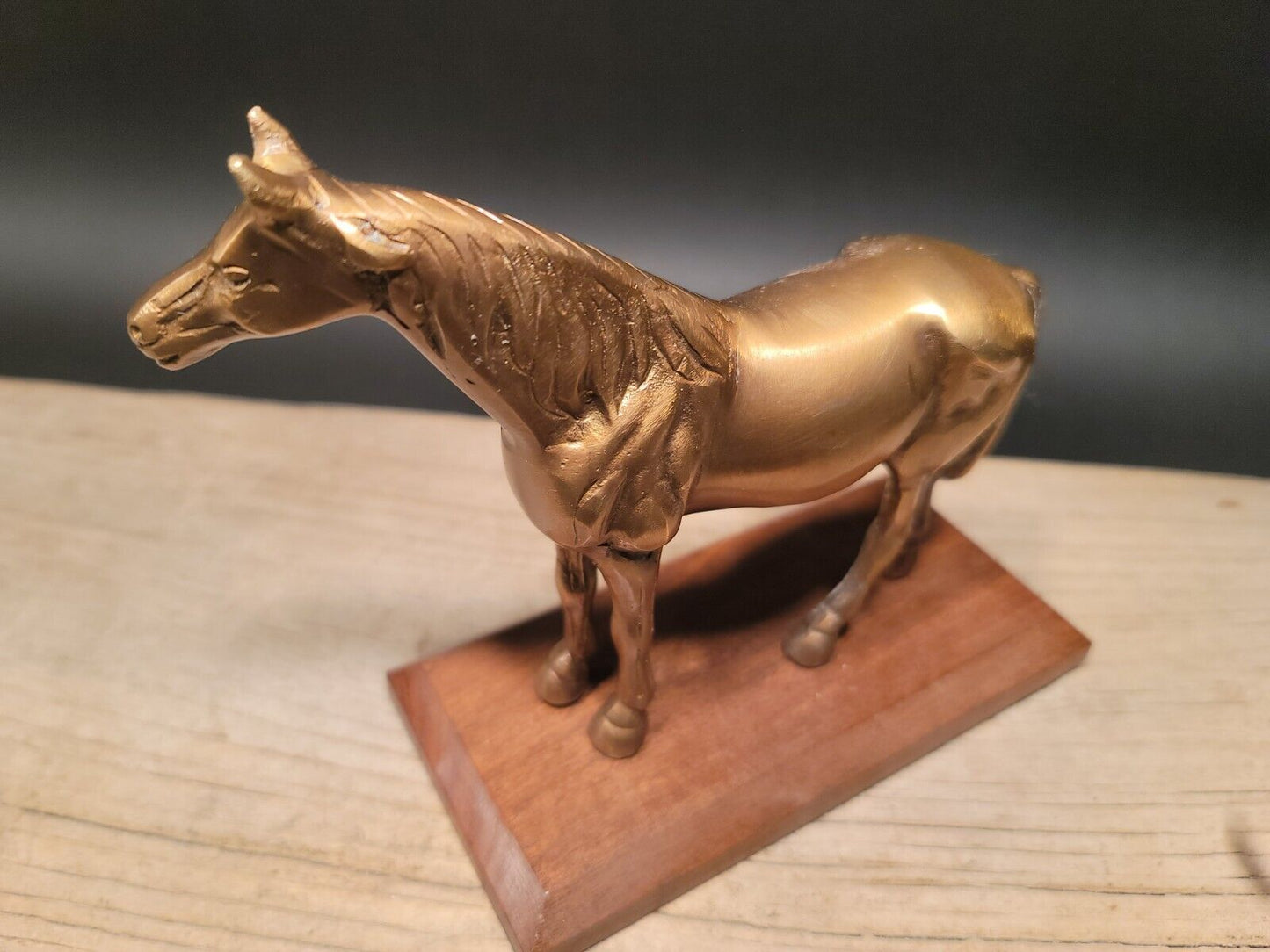 Antique Vintage Style Brass Horse Statue Wood Base