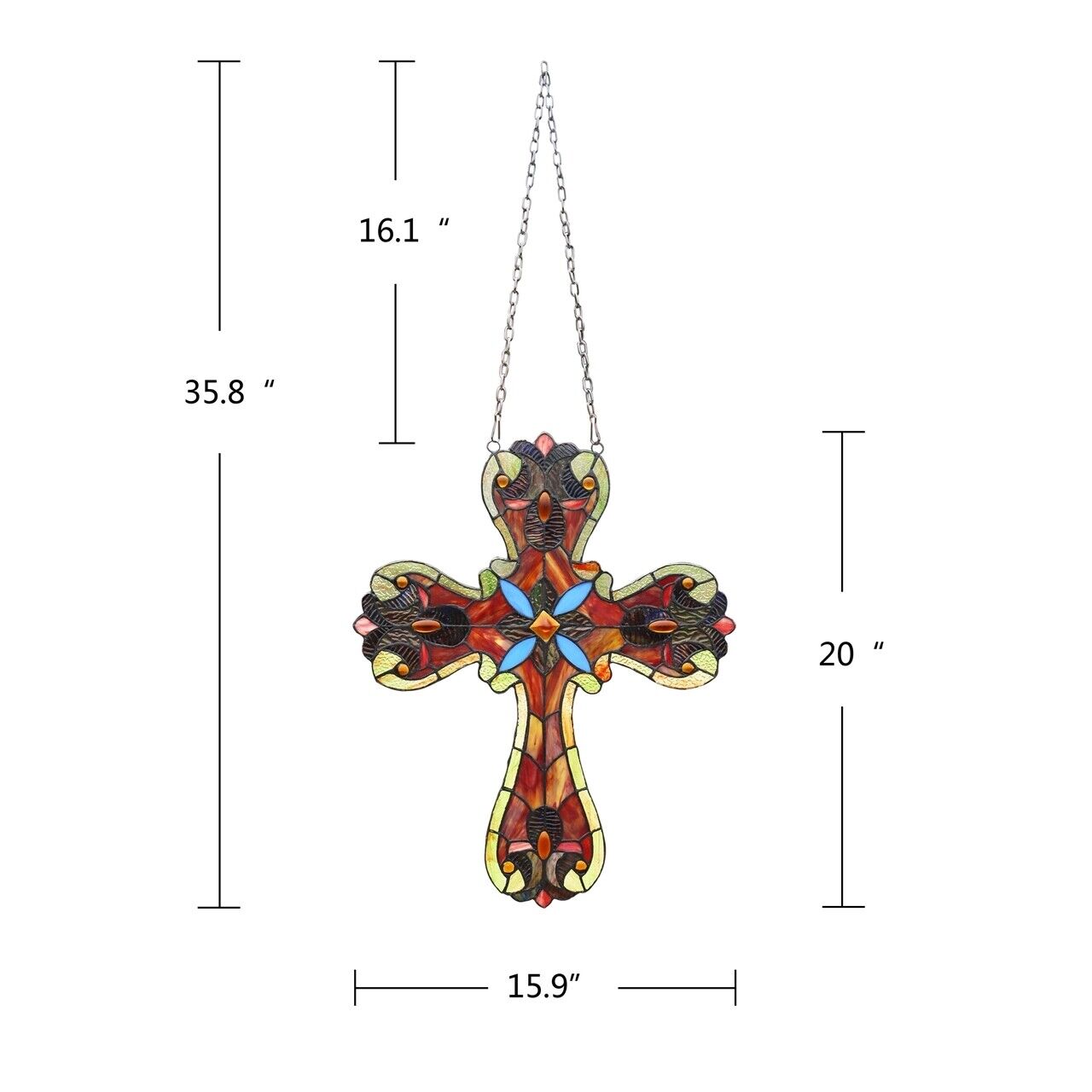 20" Antique Vintage Style Stained Glass Cross Window Hanging Panel Suncatcher