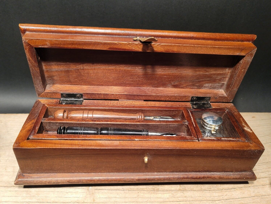 Antique Vintage Style Wood Writing Set Inkwell 2 Pens Desk Box