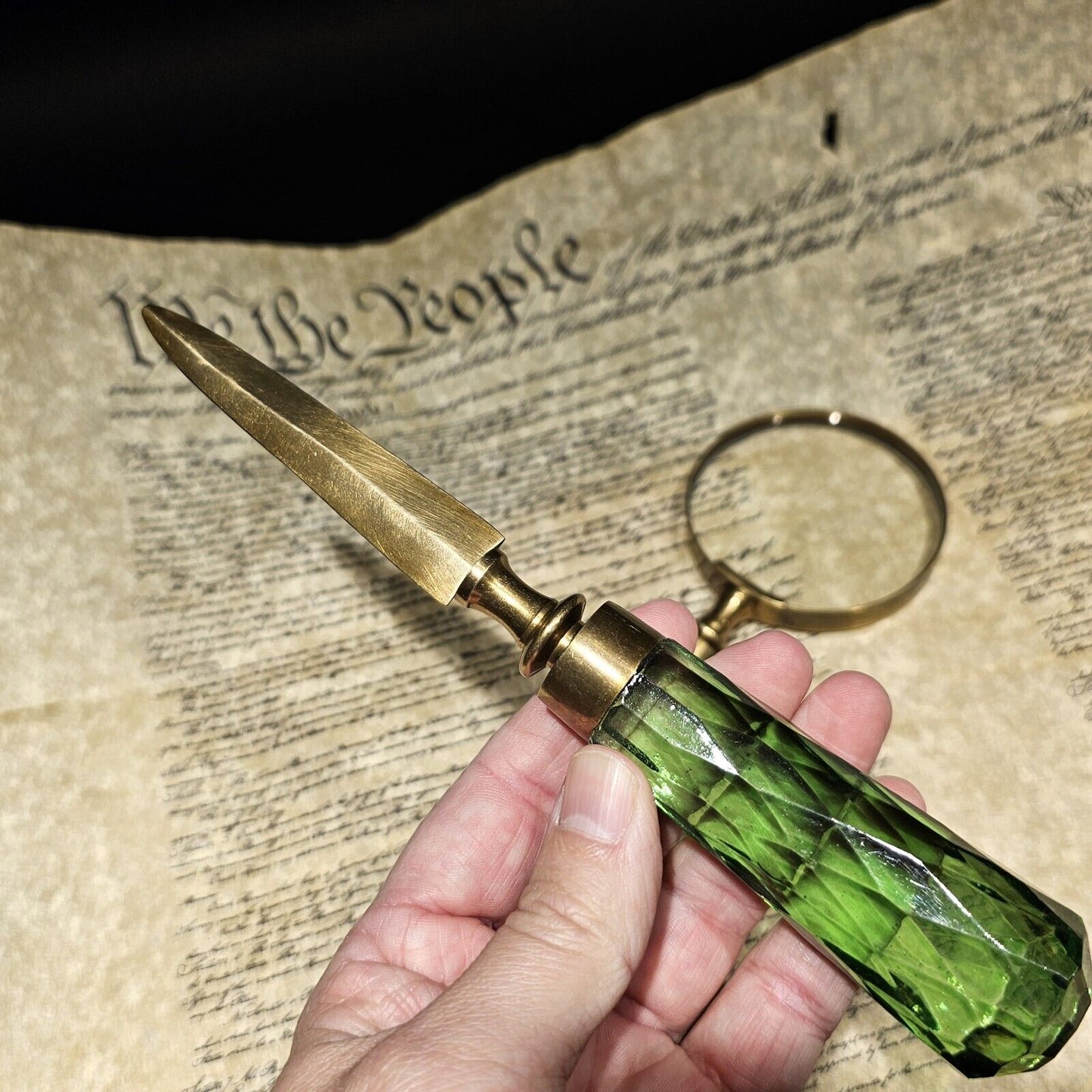Antique Vintage Style Magnifying Glass Letter Opener Set w Green Glass Handles