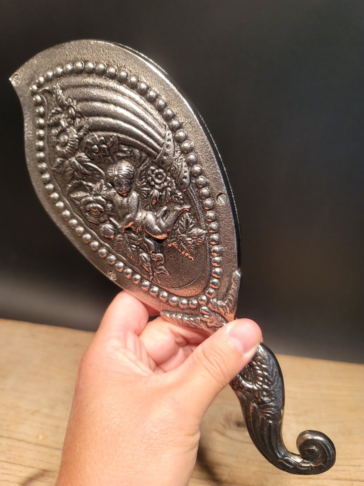 Antique Vintage Style Silver Cherub Floral Hand Mirror