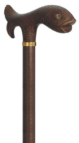 36" Italian Antique Style Trout Head Walking Stick Cane