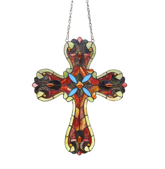 20" Antique Vintage Style Stained Glass Cross Window Hanging Panel Suncatcher