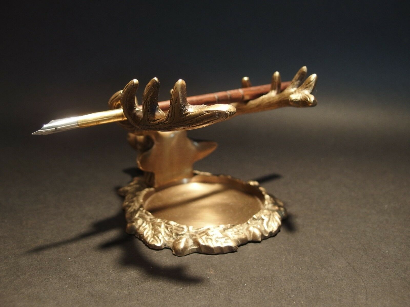 Antique Style Brass Elk Deer Stag Pen Inkwell Holder Desk Stand - Early Home Decor