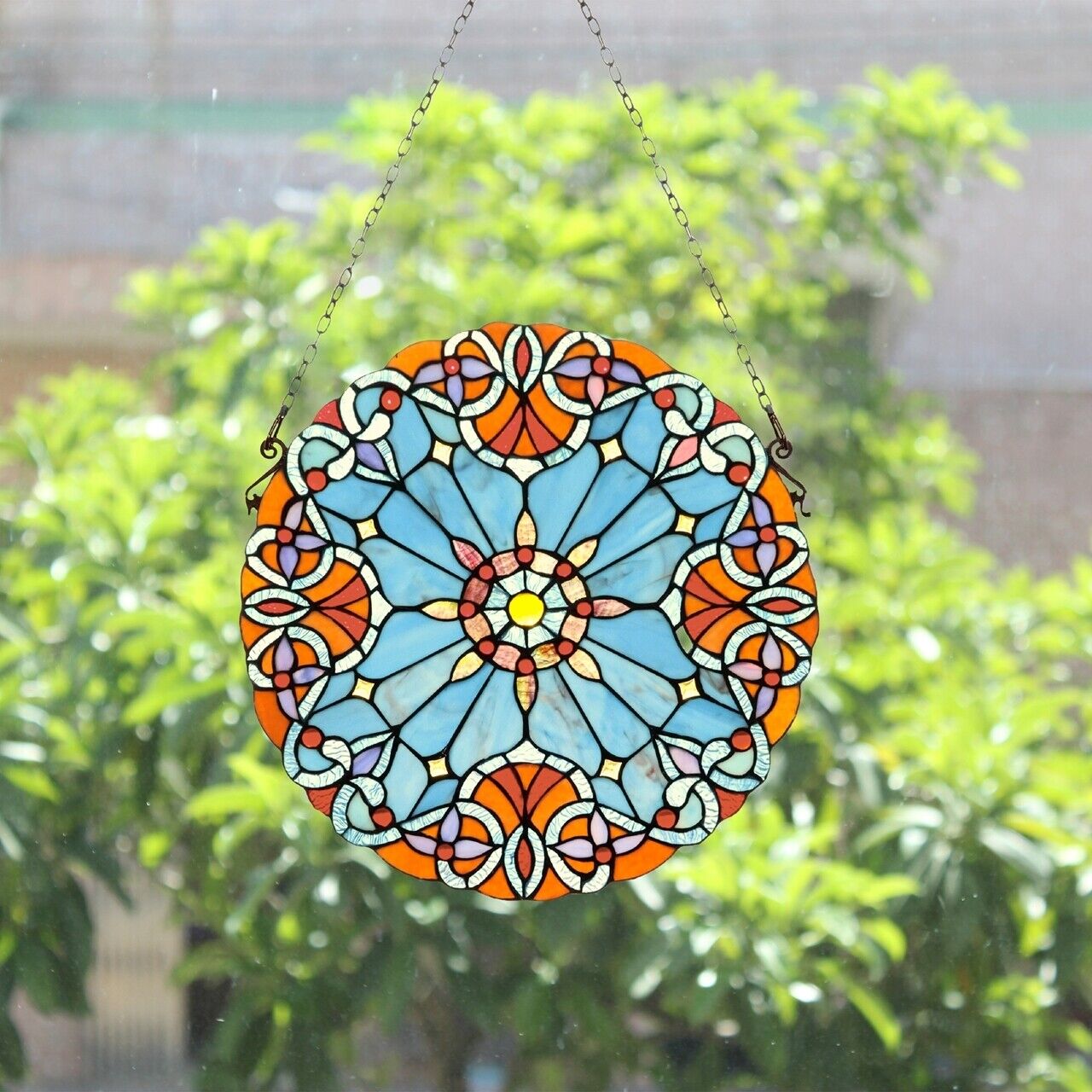 Antique Vintage Style 20" Round Stained Glass Window Hanging Panel Suncatcher