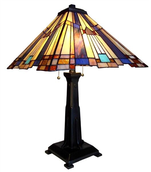 24" 2 light Antique Vintage Style Stained Glass Geometric Mission Table Lamp