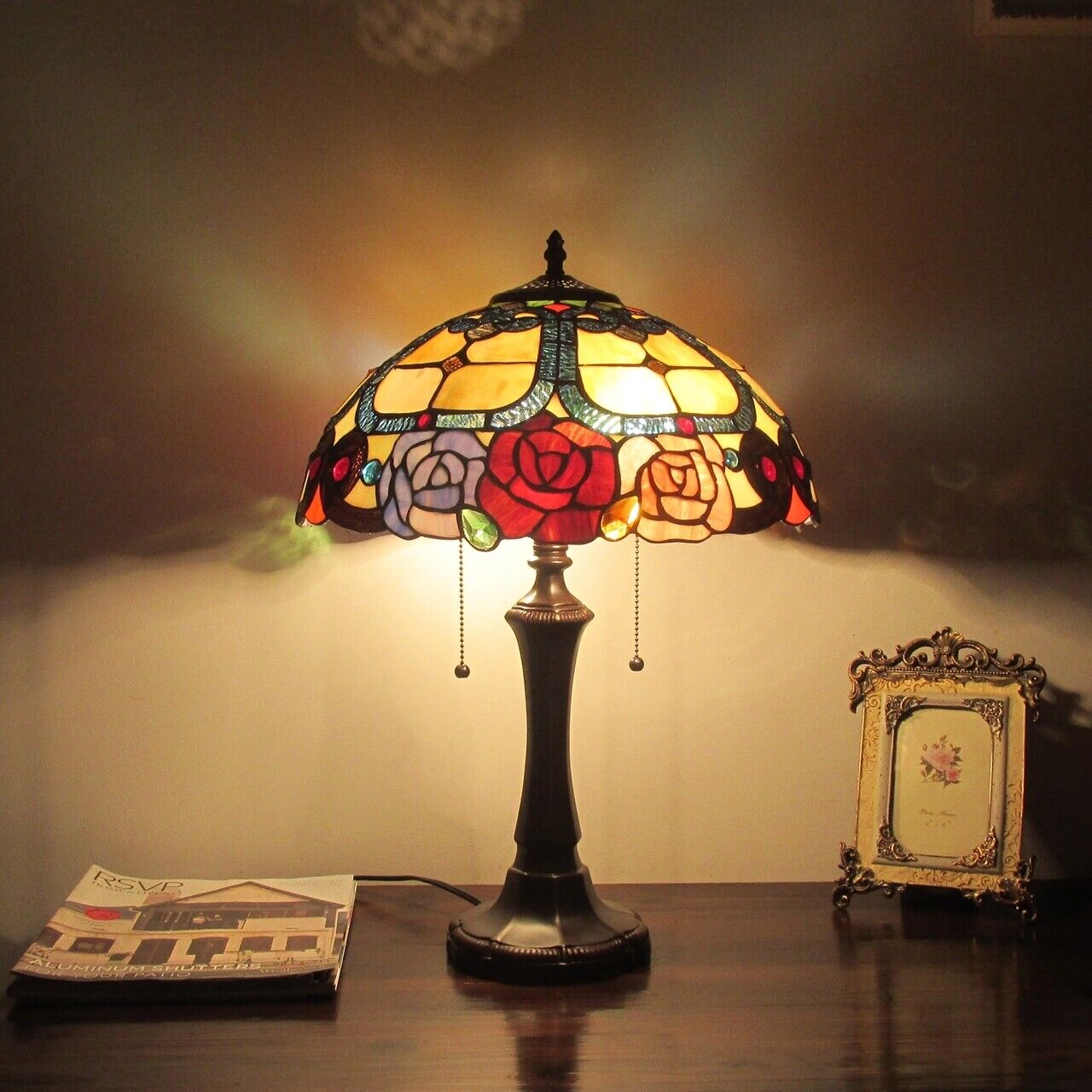 22" Antique Vintage Style Floral Rose Stained Glass Table Lamp