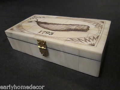 Nice Antique Style Folk Art  Whale Scrimshaw Bone & Wood Trinket Box 1793 - Early Home Decor