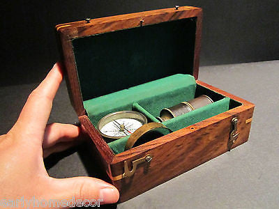 Antique Vintage Style Magnifying Glass Compass Telescope Wood Box Kit - Early Home Decor