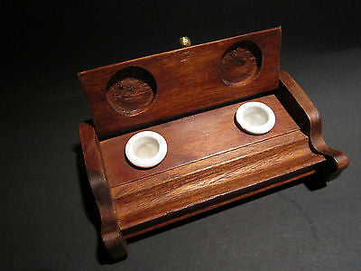 Antique Style Wood Writing Double Inkwell Box Ink Pot Porcelain - Early Home Decor