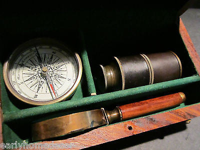 Antique Vintage Style Magnifying Glass Compass Telescope Wood Box Kit - Early Home Decor