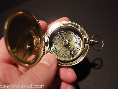 Antique Style Solid Brass Pocket Compass flip lid Signal mirror with bag - Early Home Decor