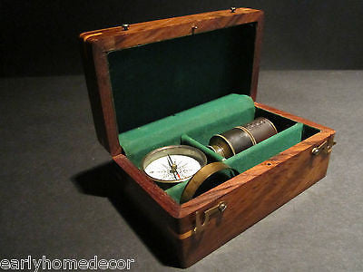 Antique Vintage Style Magnifying Glass Compass Telescope Wood Box Kit - Early Home Decor